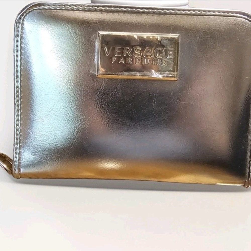 Versace Parfum Zip Around Gold Wallet Clutch Chain Travel Wristlet Vegan Leather